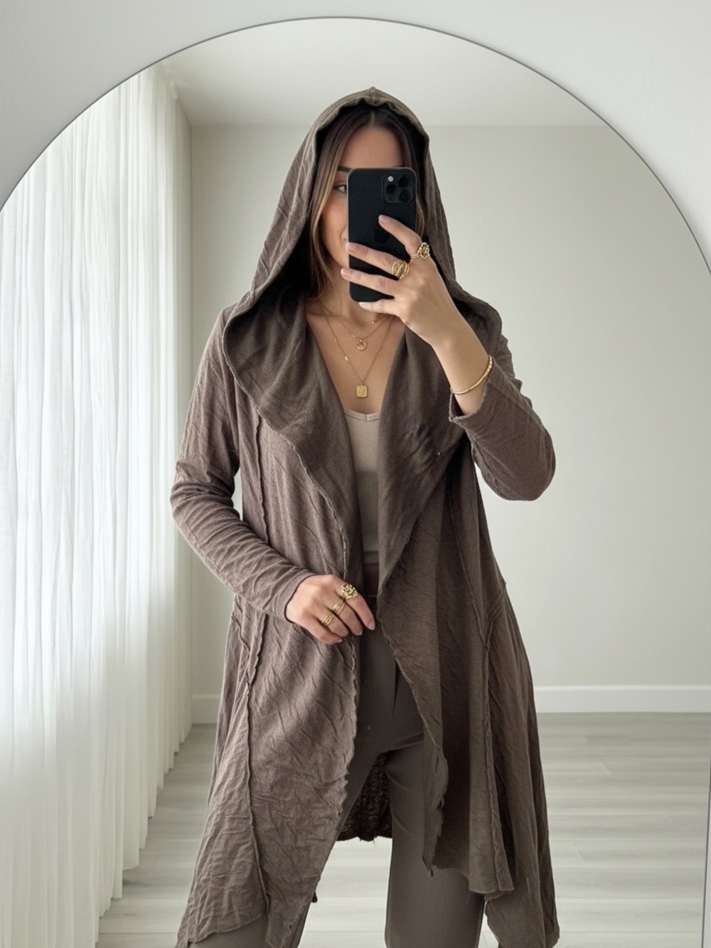 Vintage boho Ribbed Hooded Asymmetrical Cardigan Size M